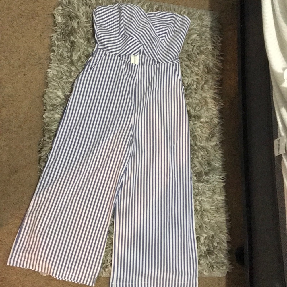 Blue and white jumpsuit.